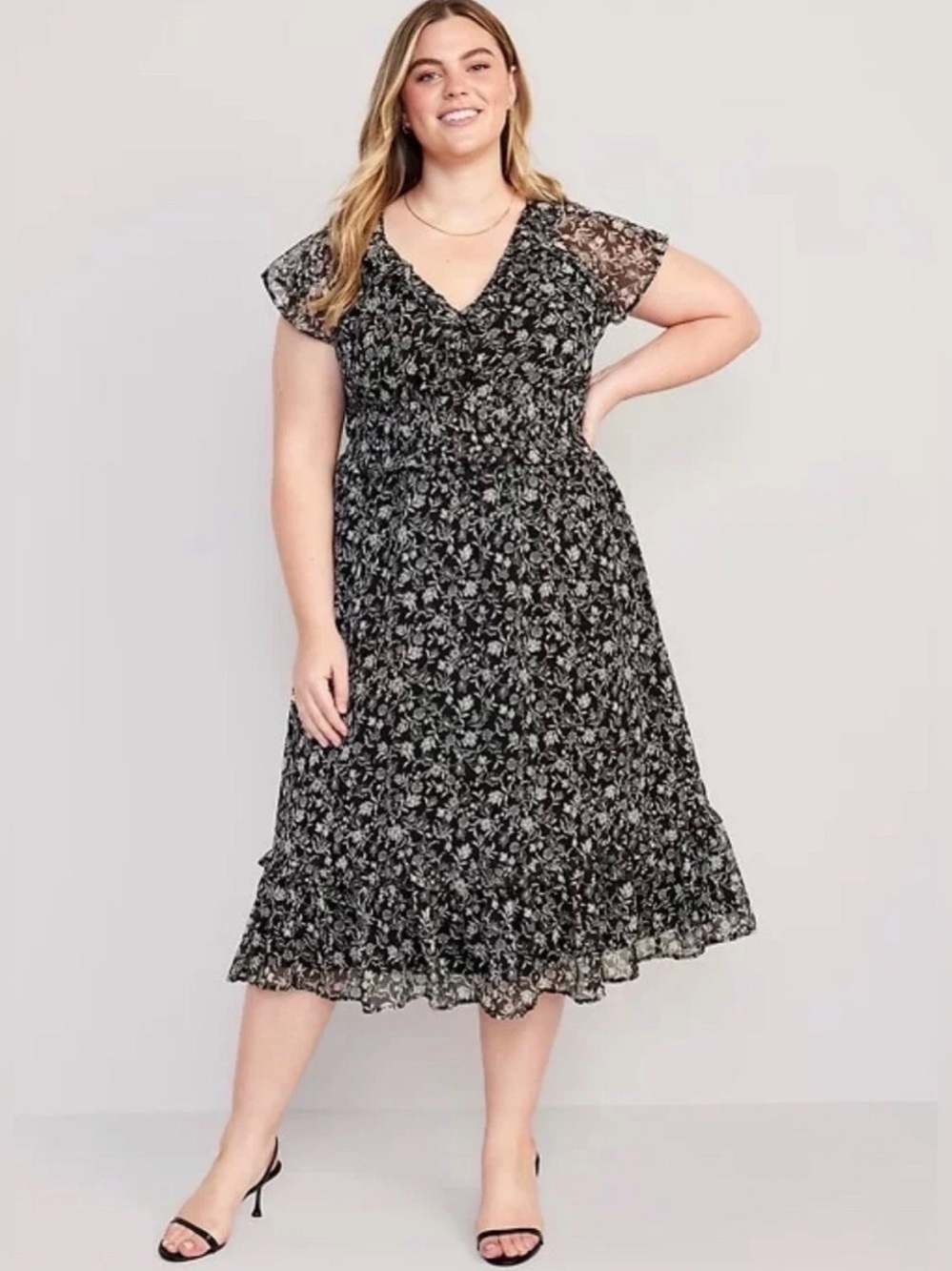 NWT Old Navy Waist-Defined Flutter-Sleeve Midi Dress Size XXL Black Disty Floral